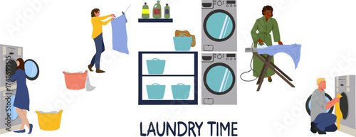 A set of illustrations of domestic time and laundry time. Vector illustration.