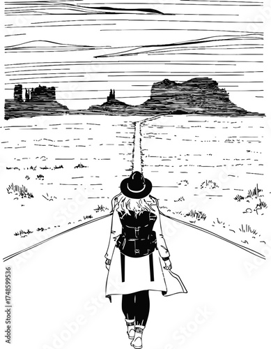 A girl in a hat and with a backpack is standing on a road in a canyon. Black and white drawing. Vector Illustration. Suitable for a poster or postcard.