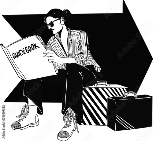 A girl is sitting on suitcases and looking at a guidebook against the backdrop of a black arrow. Vector illustration. This illustration can be used for a postcard or poster.