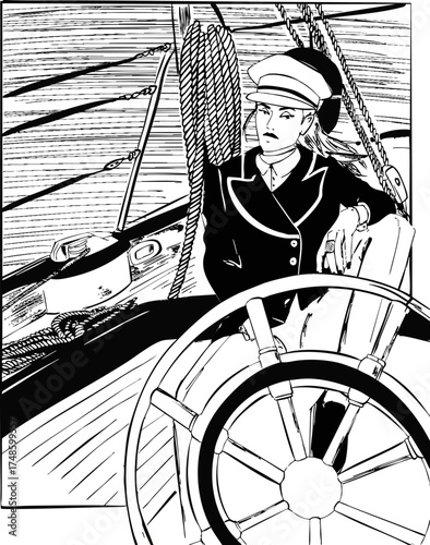 A girl is sitting at the helm of a yacht against the backdrop of the sea. Black and white drawing. Vector Illustration. Suitable for a poster or postcard.