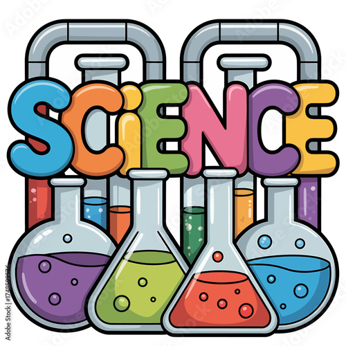 Colorful Science Illustration with Beakers and Bubbles Representing Scientific Research and Education in Laboratory Settings and Academic Pursuits