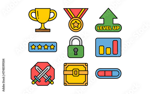 Gaming Icons Set Featuring a Trophy a Medal a Level Up Sign and Other Game Elements Great for App Design and User Interface