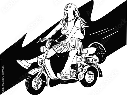 A cheerful girl is riding a scooter and smiling. Vector illustration. Fashion illustration.