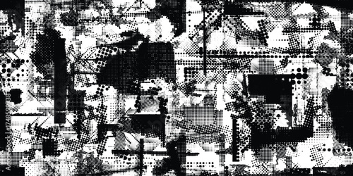 Glitch distorted grungy abstract forms . Halftone dots seamless pattern texture. Grange shapes .Grunge textured . Vector shapes with half tone dots .Screen print endless pattern texture