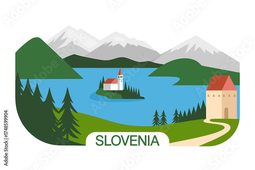 Lake Bled Slovenia Cartoon Illustration with Church Island Mountains and Lakeside Building a Scenic Holiday Destination