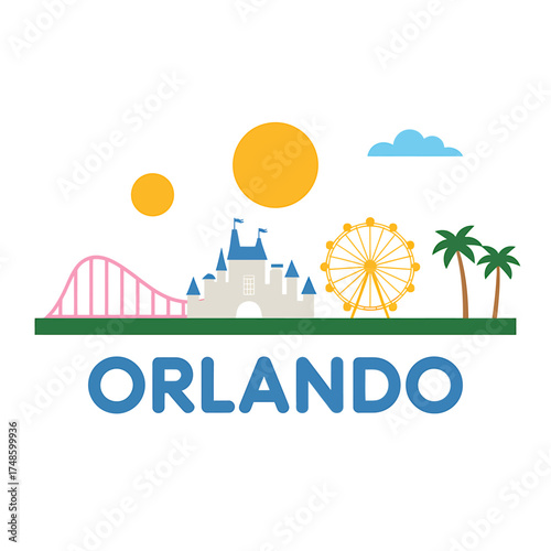 Orlando Florida Cityscape with Castle Ferris Wheel and Roller Coaster Vacation Destination Travel Graphic Design Illustration
