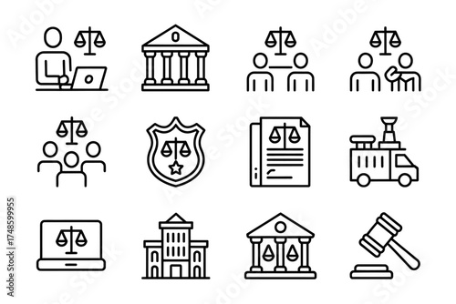 Law and Justice Icon Set Depicting Legal Concepts and Government Institutions for Web and Graphic Design