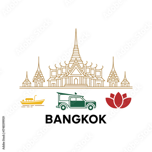 Bangkok Thailand travel destination illustration with temple boat tuk tuk and lotus flower representing tourism in this popular Southeast Asian city