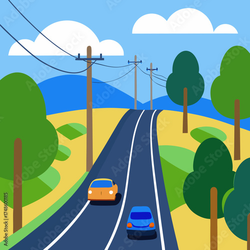 Flat design highway with cars and telephone poles in a landscape Keywords: road, highway, street