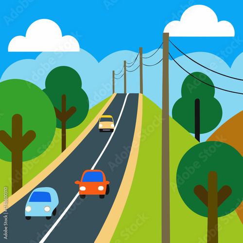 Flat design road with cars and trees under blue sky Keywords: road, highway, street, driving