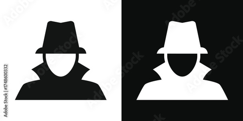 Silhouette of a mysterious figure in a fedora hat and trench coat depicted in contrasting black and white