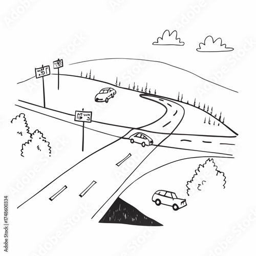 Hand drawn highway intersection with cars and signs Keywords: highway, road, intersection, cars