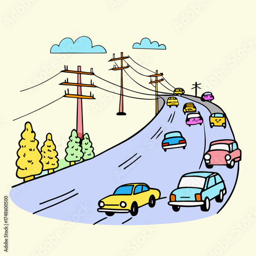 Many cars on a winding blue road with trees and clouds Keywords: car, road, driving, travel