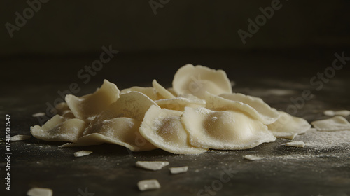 Ravioli in a random arrangement, soft light accentuating their crimped edges and floury surfaces, on a dark, smooth background.