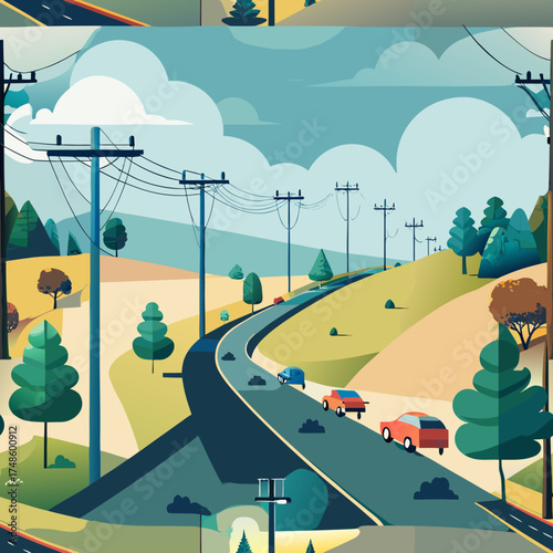 Winding road through hills with cars and telephone poles flat design