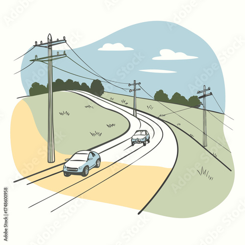 Winding Road with Cars and Power Lines in Nature highway