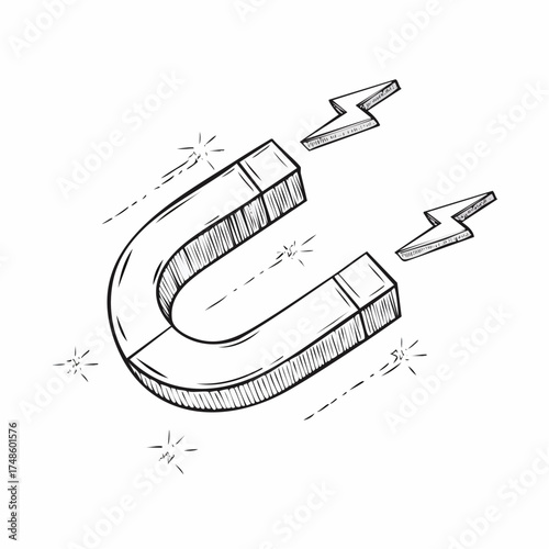 Black outline doodle of a horseshoe magnet with a stylized lightning bolt indicating magnetic force 