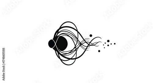 Abstract swirling lines forming an eye with flowing particles on white background