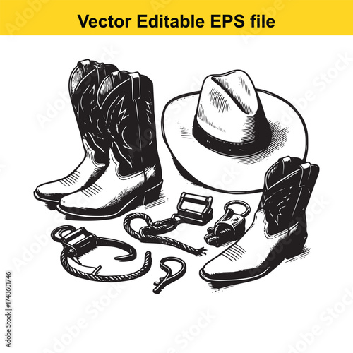 Vector art of a collection of cowboy boots, a cowboy hat, and western accessories like a lasso and spurs