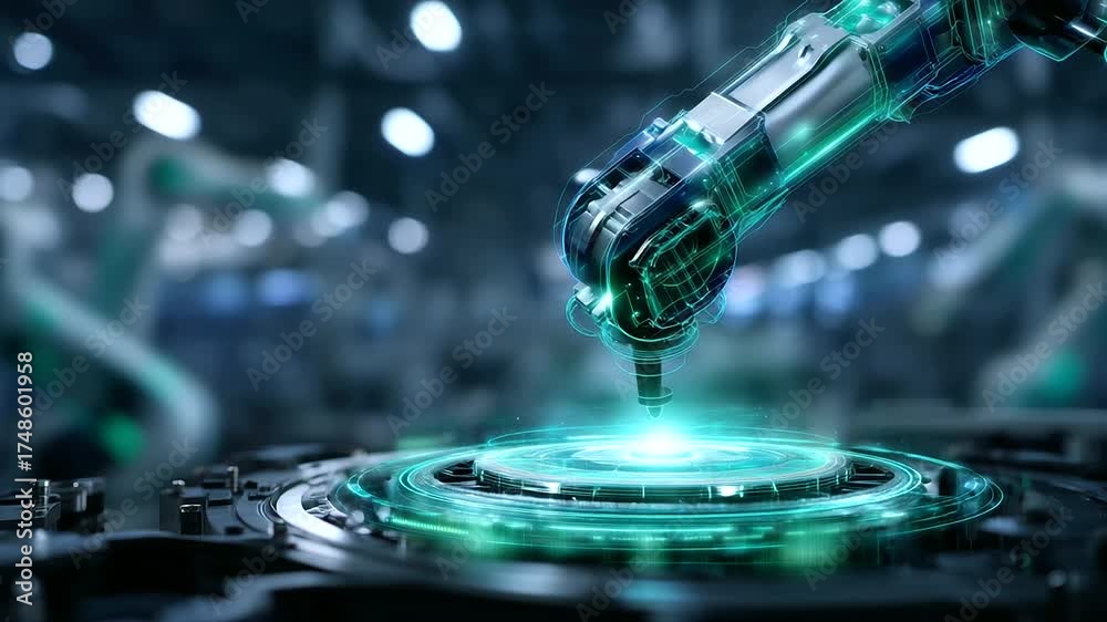 Futuristic Robotic Factory Digital Twin glowing holographic robotic arms assembling products on a virtual production line, neon blue and green light, high-tech 3D visualization