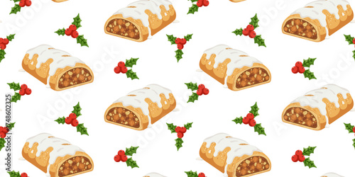 seamless pattern christmas apple strudel vector illustration winter holiday sweet dessert traditional baking holly berries wallpaper festive food background