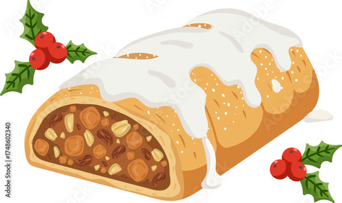 christmas holiday dessert sweet food strudel melted ice cream winter traditional festive baked pastry vector isolated object
