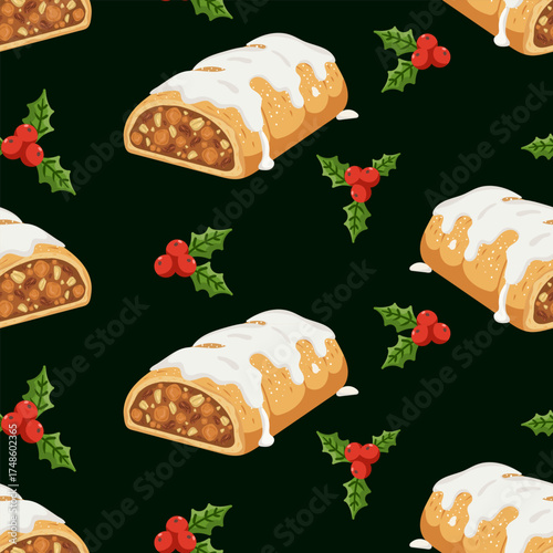 seamless pattern christmas strudel with icing and holly berries dark background winter holiday dessert sweet food wallpaper packaging print vector