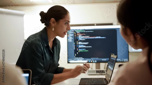 Software developer woman explains code to team. Coding, laptops, technology, team meeting, teamwork, office, programming.