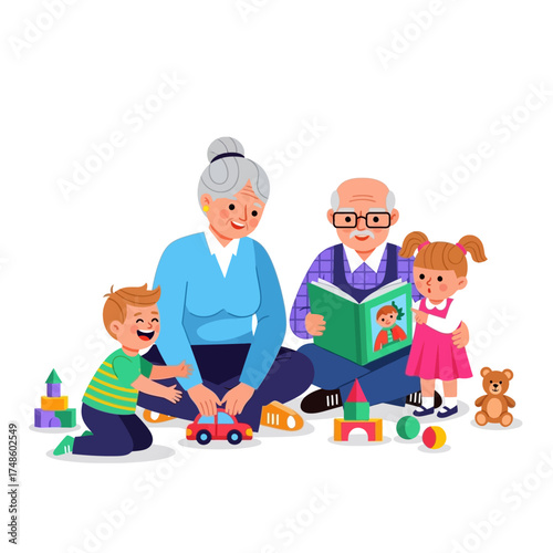 Joyful grandparents share cherished story time with happy grandchildren surrounded by colorful toys and building blocks creating precious family memories.
