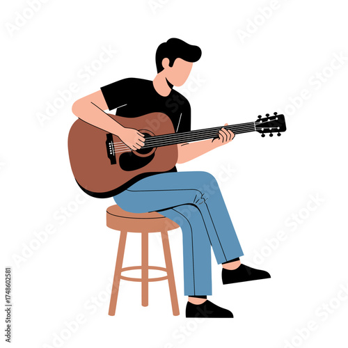 Young man passionately playing acoustic guitar on stool, creating soulful melodies for an inspired audience