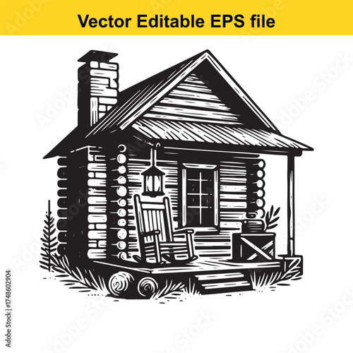 Vector art of rustic log cabin with a rocking chair on the porch and a chimney, surrounded by grass and trees