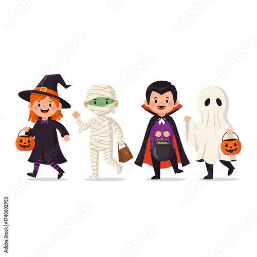 Joyful children dressed as witch, mummy, vampire, and ghost happily trick-or-treating with candy buckets