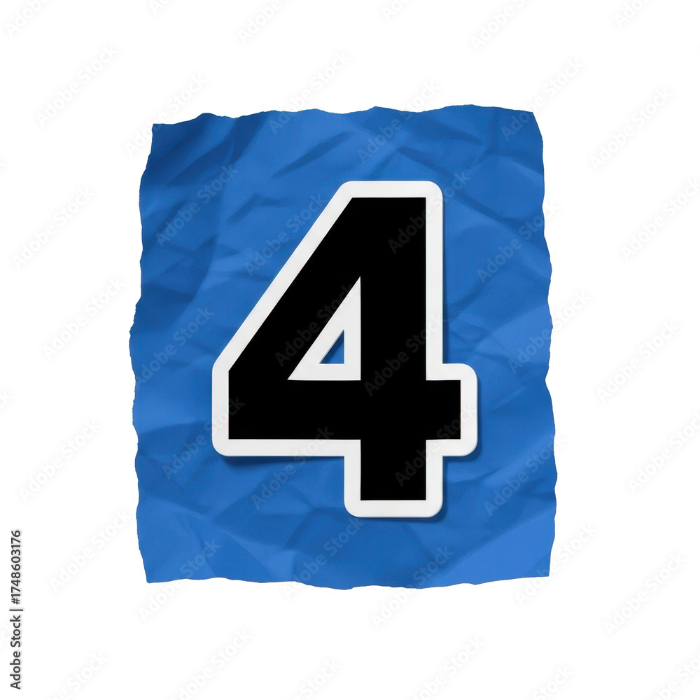 Obraz premium A large bold “” with black fill and white outline, placed on a crumpled blue paper cutout, realistic sticker aesthetic, subtle paper shadow, isolated on plain background