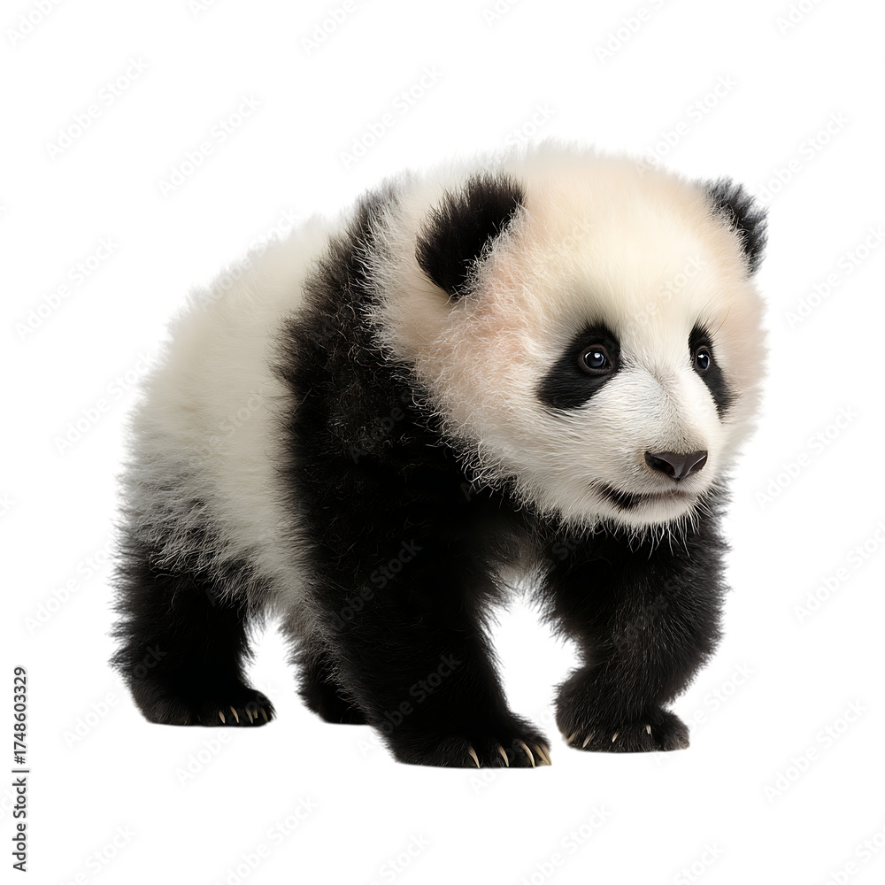 Naklejka premium Adorable Panda Cub Walks Forward on a Plain White Background
