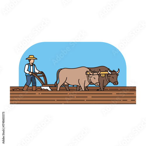 Dedicated farmer guides oxen plowing fertile soil, cultivating tradition with enduring strength under a clear blue sky.