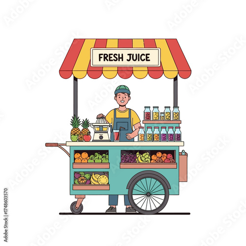 Energetic vendor prepares vibrant fresh juices at a colorful fruit stand, offering healthy refreshment on a sunny day