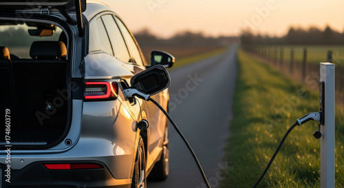 An electric car is being recharged at a charging station on a countryside road at dusk, with the cable connected to the vehicle, illustrating the growing infrastructure for e-mobility.

