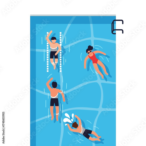 Joyful swimmers of diverse ages enjoy refreshing laps in a bright, modern outdoor swimming pool on a sunny summer day.