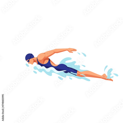 Dynamic female swimmer powers through blue water, showcasing athletic grace and determination in a competitive race