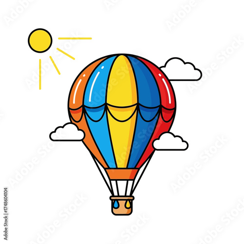 Vibrant hot air balloon soars through sunny sky with fluffy clouds, inspiring adventure and freedom for travel and exploration themes.