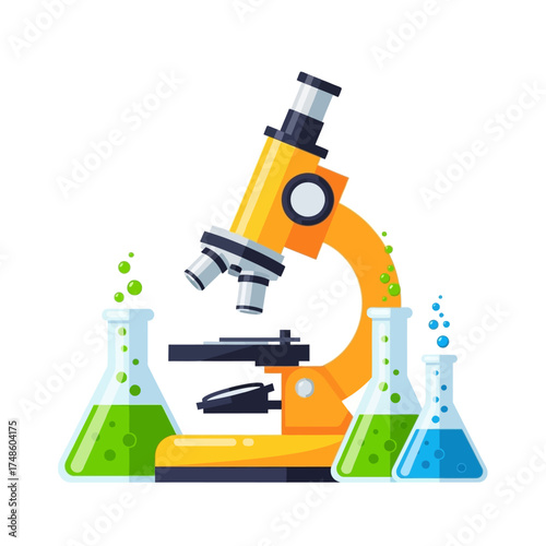 Vibrant orange microscope and bubbling flasks with green and blue liquids create a dynamic science lab scene, perfect for research and discovery visuals.