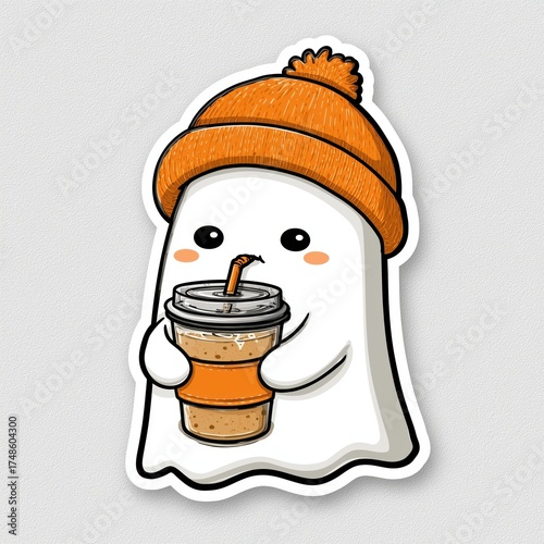 Happy ghost enjoys a cozy pumpkin spice latte on a chilly autumn day in a cheerful café setting