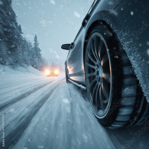 Close-up view of a car wheel on a snowy road, capturing the essence of winter driving and adventure during a snowstorm