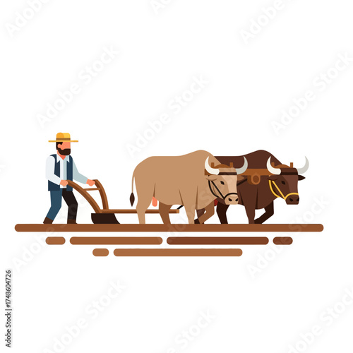 Farmer guiding oxen plowing field showcasing traditional agriculture and rural life in a vibrant, timeless scene