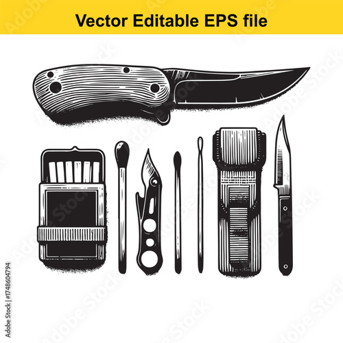 Vector art of collection of survival tools including a large knife, folding knife, flashlight, and matchbox