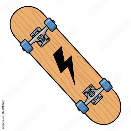 Dynamic lightning bolt graphic emblazoned on a cool wooden skateboard, ready for urban adventures and street style.