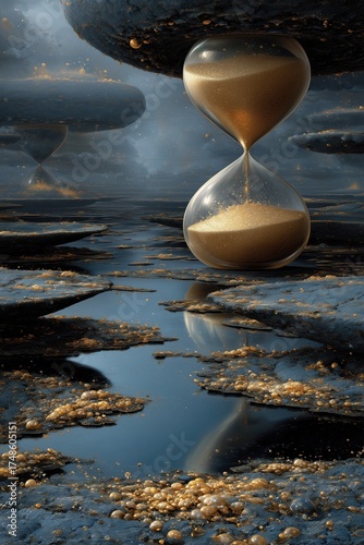 Surreal landscape with suspended hourglass pouring golden sand in a mystical environment filled with floating rocks