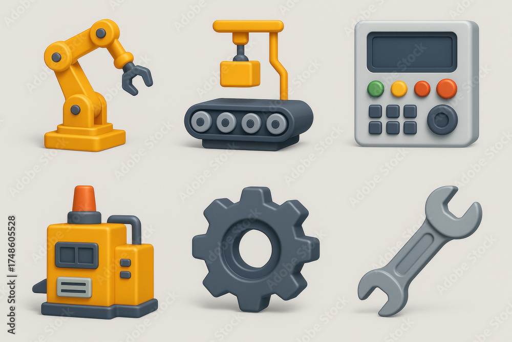 Fototapeta premium 3D Industrial Robotics Icons. Industrial robotics set icons in 3D color style: robotic arm, conveyor belt, control panel, gear, factory machine,