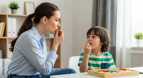 Speech therapist helping cute young boy with articulation therapy to improve communication skills and speech development in modern setting