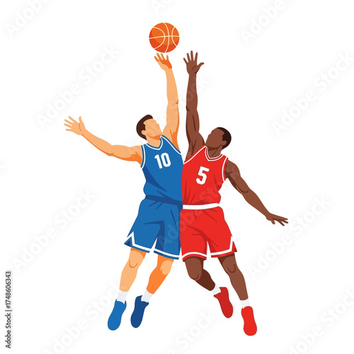 Dynamic basketball players leap for a slam dunk, capturing intense competition and athletic prowess in a vibrant sports scene.